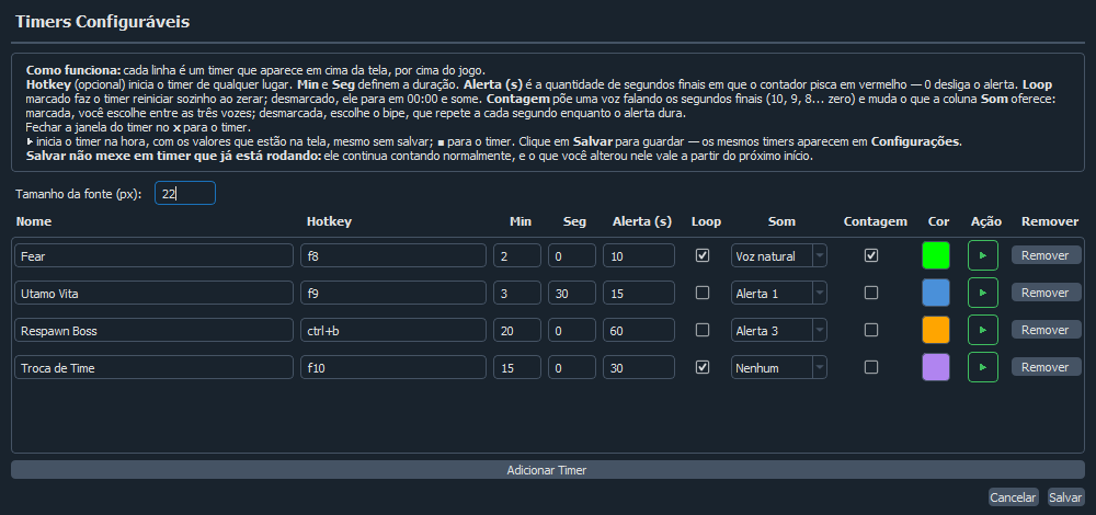 Configuração de timers customizáveis com hotkeys, duração, alerta e som
