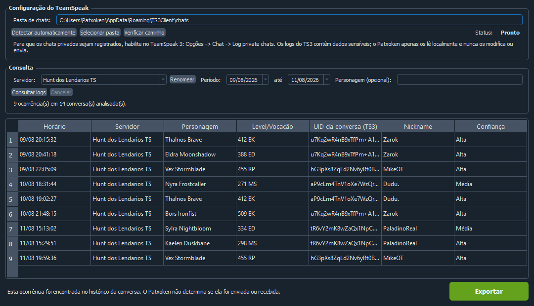 Log de chars passados com consulta ao histórico do TeamSpeak 3