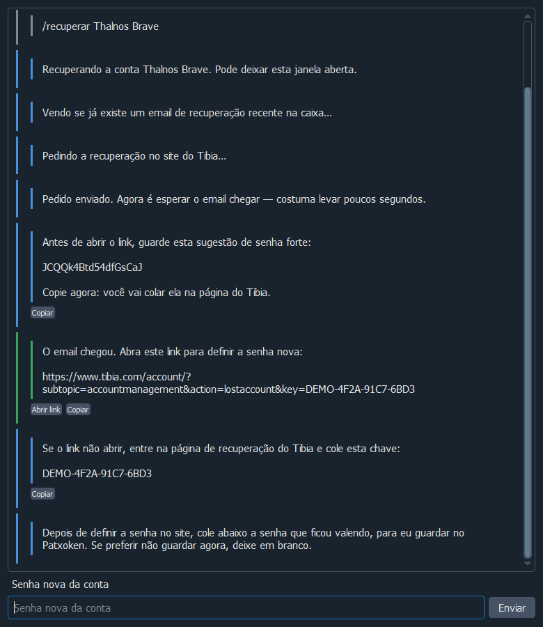 Chat de recuperação de contas com senha sugerida e link do Tibia